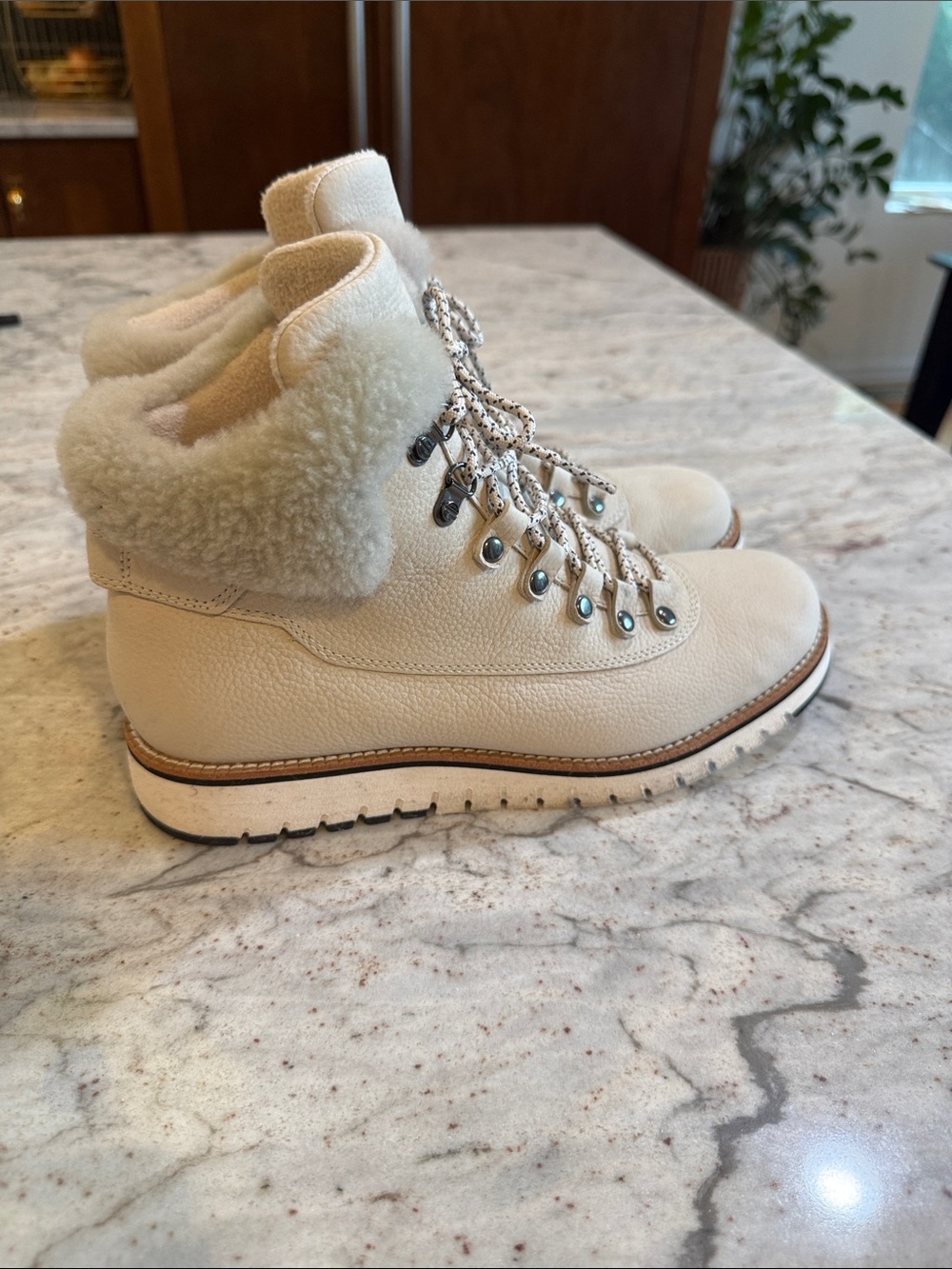 Cole Haan Cream Lace-Up Faux Shearling Hiker Booties